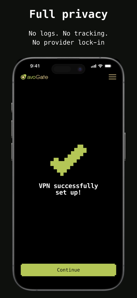 avoGate - Interface de l'application mobile avoGate montrant un message de configuration VPN réussi avec des fonctionnalités de confidentialité telles que l'absence de journaux et l'absence de suivi.