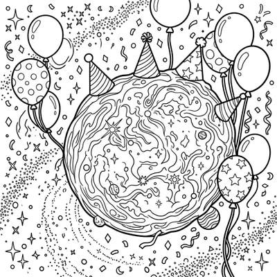 Get ready for an out-of-this-world celebration with this unique Bubble Nebula Birthday coloring page. Imagine a majestic cosmic cloud throwing the ultimate party, complete with hats, balloons, and confetti!