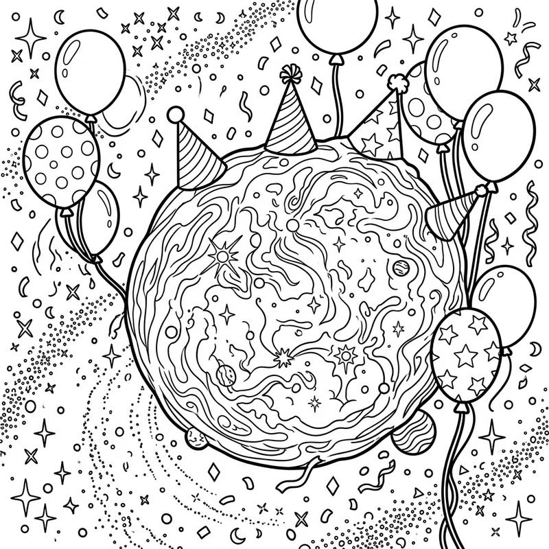 Get ready for an out-of-this-world celebration with this unique Bubble Nebula Birthday coloring page. Imagine a majestic cosmic cloud throwing the ultimate party, complete with hats, balloons, and confetti!