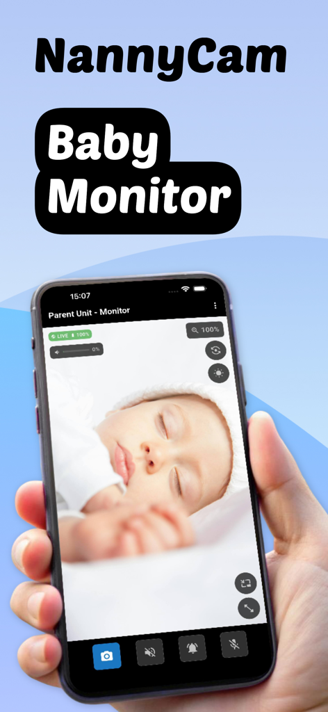 Baby Monitor Camera - NannyCam - Smartphone displaying the NannyCam app with a live video feed of a sleeping baby