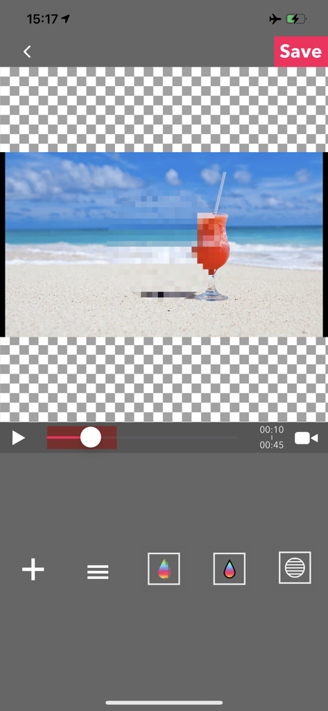MovStash - Blur Video Editor - Interface of the MovStash app showing a pixelated blur effect applied to a beach video timeline