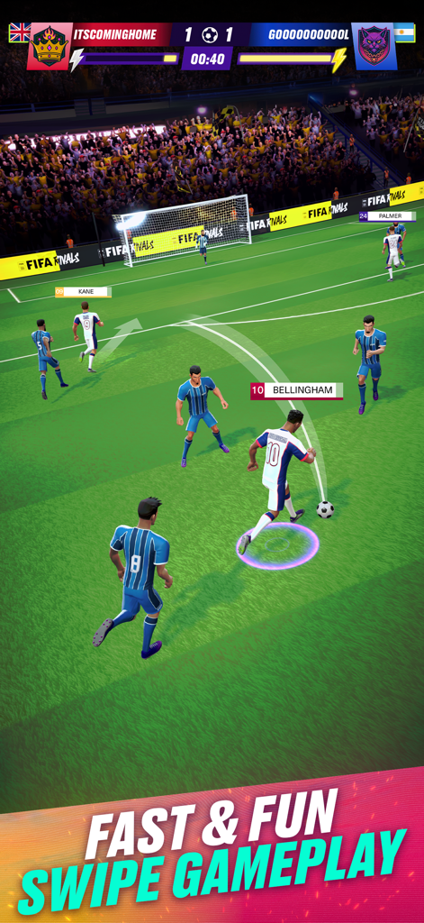 FIFA Rivals - Mobile Football - Una captura de pantalla del juego de fútbol móvil FIFA Rivals mostrando a Jude Bellingham regateando el balón en un partido de estilo arcade con controles de deslizamiento.