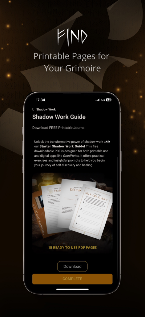 Uma tela de aplicativo móvel para o aplicativo Witchy Coven mostrando um Guia de Trabalho Sombrio com um botão de download para páginas de grimório imprimíveis gratuitas.