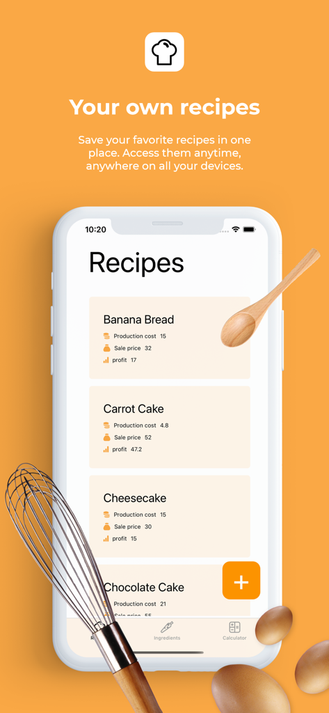 Chef's Aidアプリのインターフェース。レシピのリスト、製造原価、利益率が表示されています。