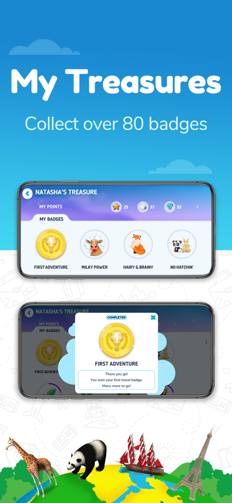 Orboot Earth AR by PlayShifu - Orboot Earth AR 앱 인터페이스로 어린이용 획득한 배지 및 여행 포인트가 있는 My Treasures 화면 표시