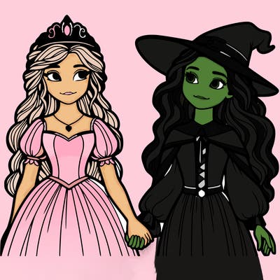 a princess and a witch holding hands realistic