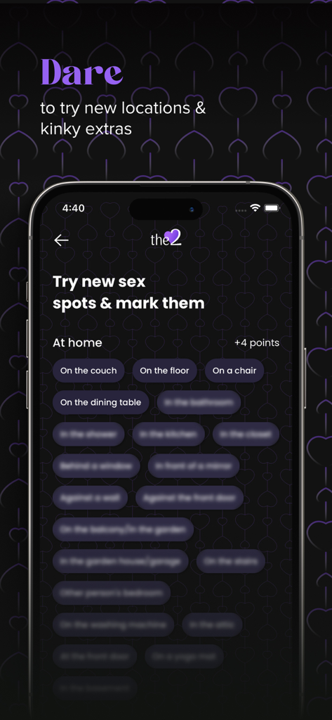 Interfaz de la aplicación the2 mostrando una lista de verificación de ubicaciones en el hogar para actividades íntimas en pareja.
