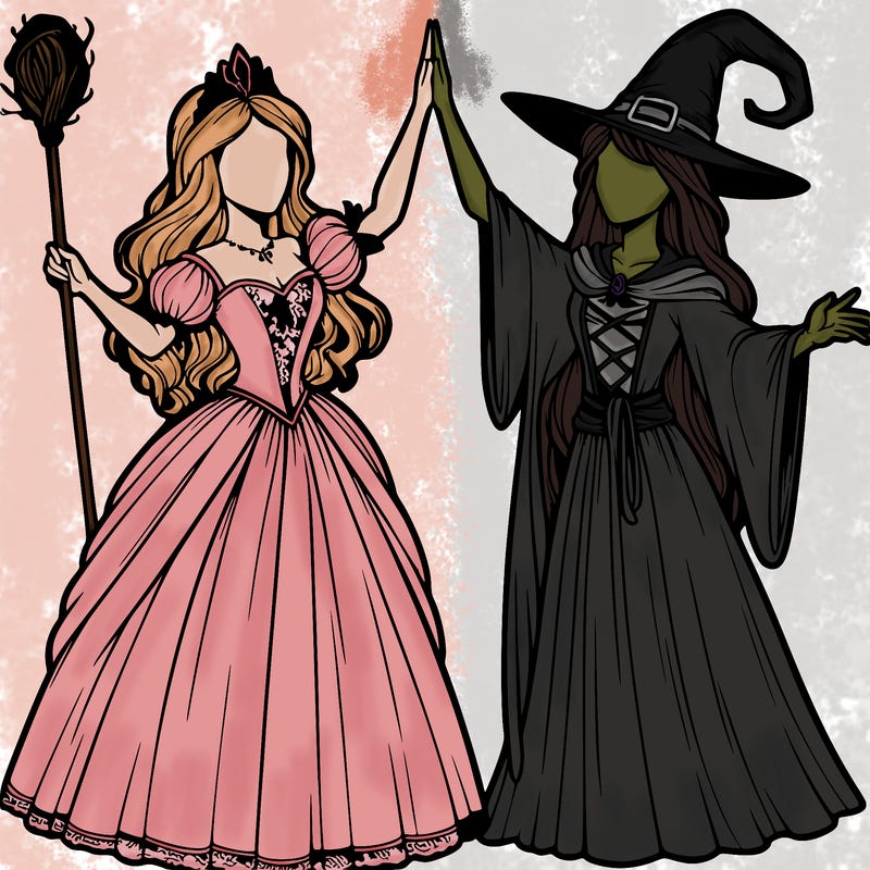detailed realistic split of a princess and a witch