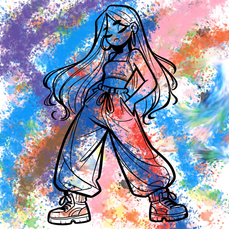 girl in baggy pants crop top and long hair