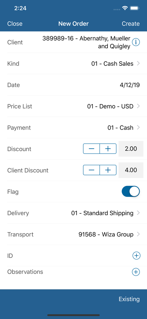 Negotti - Tela do aplicativo móvel Negotti mostrando um novo formulário de pedido de vendas com detalhes do cliente e opções de preços