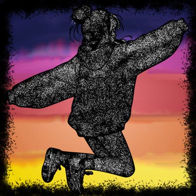 realistic girl jumping with a bun and oversized sweatshirt
