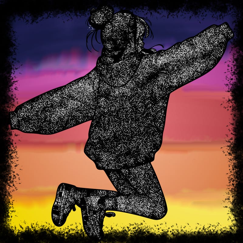 realistic girl jumping with a bun and oversized sweatshirt