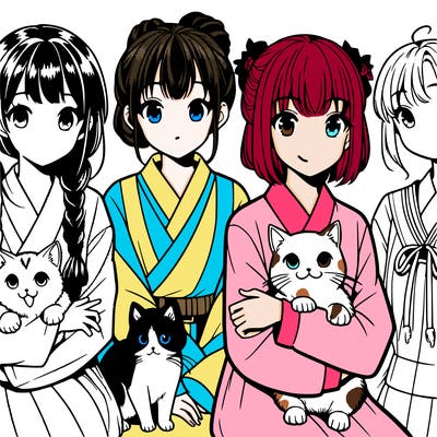 manga girls with cats
