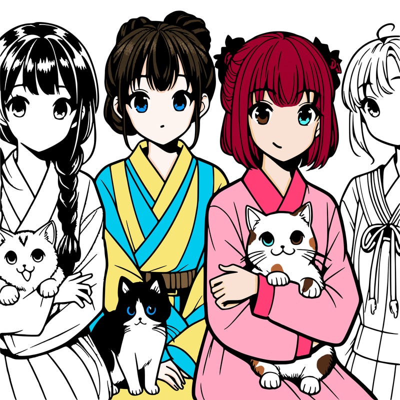 manga girls with cats