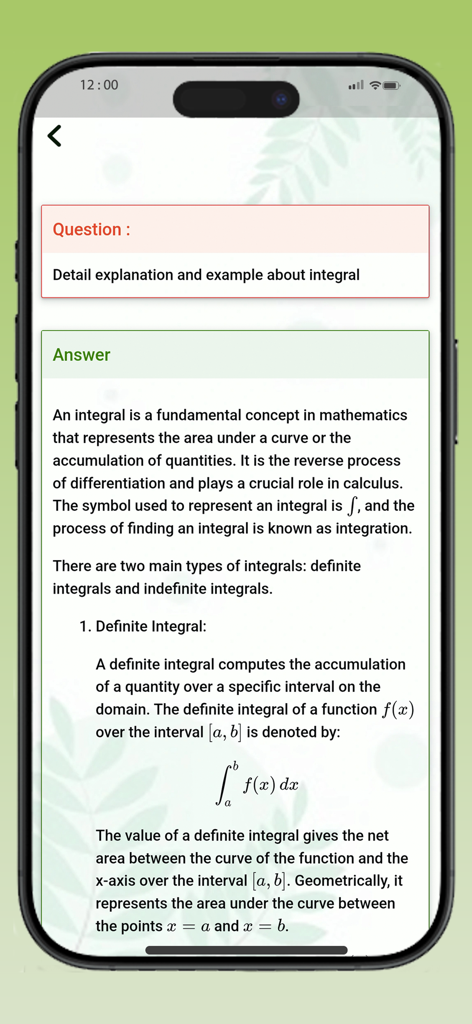 Educational screen from the All Maths Formulas app providing a detailed explanation and formula for definite integrals