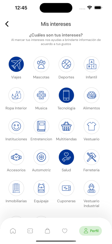 CyberApp - Pantalla mostrando múltiples categorías de interés de compras en la interfaz móvil de CyberApp.