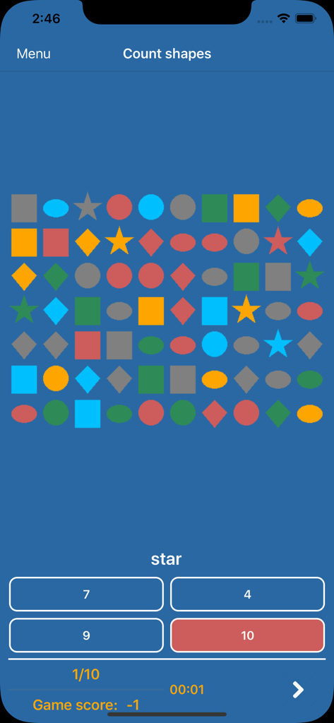 Brain and memory training Pro - Interface du jeu Compter les formes dans l'application Brain and memory training Pro montrant une grille de formes colorées.