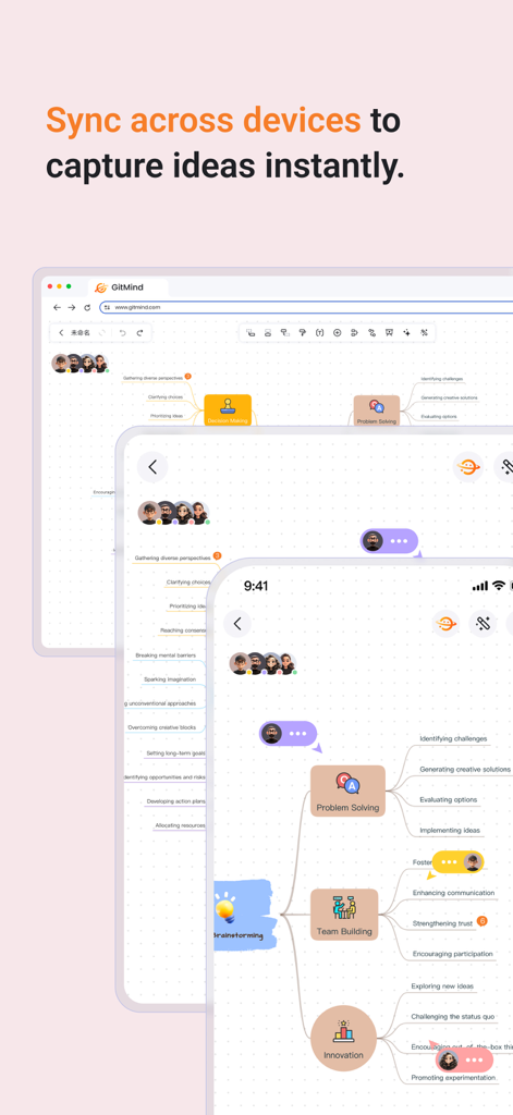 GitMind: AI Mind Map & Notes - デスクトップブラウザ、タブレット、スマートフォンの画面間で同期されたGitMindマインドマップ。