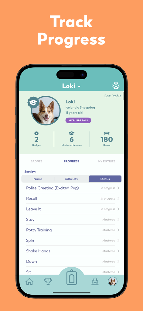 Puppr - Dog Training & Tricks - Interface of the Puppr app showing a dog profile with training progress and mastered skills