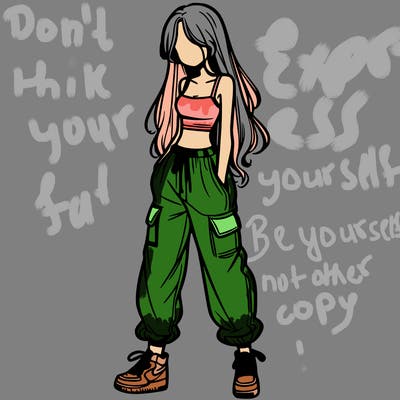 girl in baggy pants crop top and long hair