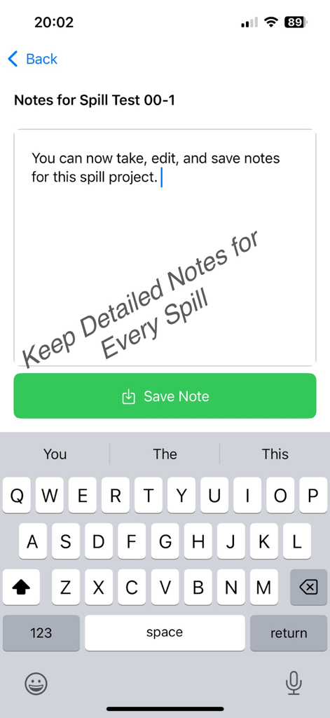 Spill Calc - Pro - Spill Calc Pro app interface showing the notes section for recording spill project details with a save note button and keyboard