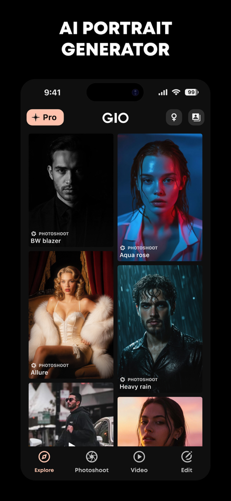 GIO - AI Headshot Generator - Interfaz de la aplicación GIO que muestra una galería de estilos de retratos profesionales y artísticos generados por IA