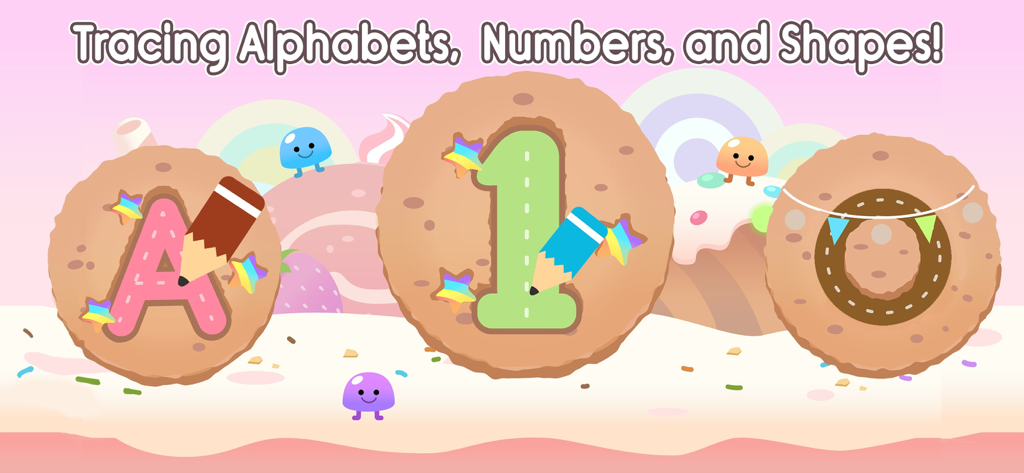 ABC Tracing Game - Tracing alphabets, numbers, and shapes on colorful cookie icons