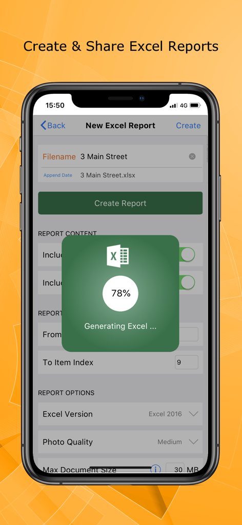 Site Report Pro app interface showing the generation of a professional Excel site audit report