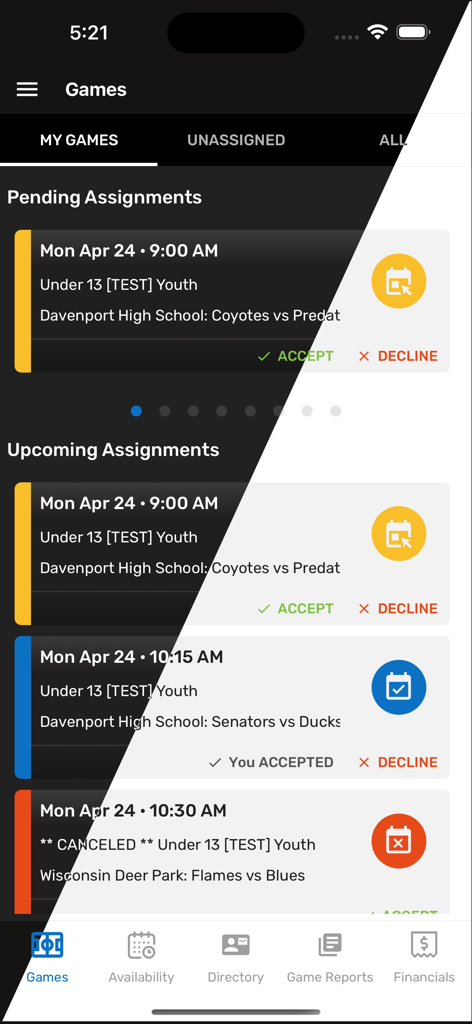 Assignr app interface showing pending and upcoming sports game assignments for referees and umpires