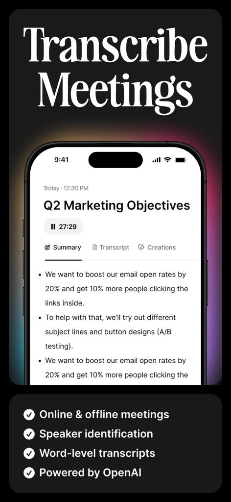 Voicenotes AI Notes & Meetings - Pantalla de iPhone que muestra las funciones de resumen y transcripción de reuniones de Voicenotes AI