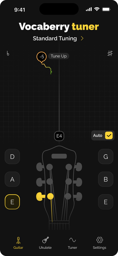 Vocaberry Tuner - La aplicación Vocaberry Tuner muestra el clavijero de una guitarra con notas de afinación estándar y medidor de tono en una pantalla de iPhone.