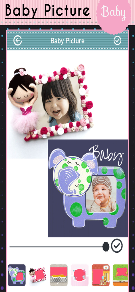 Baby Picture - Precious Moment - Interfaz de la aplicación Baby Picture que muestra fotos de bebés en marcos decorativos con un diseño de bailarina y elefante