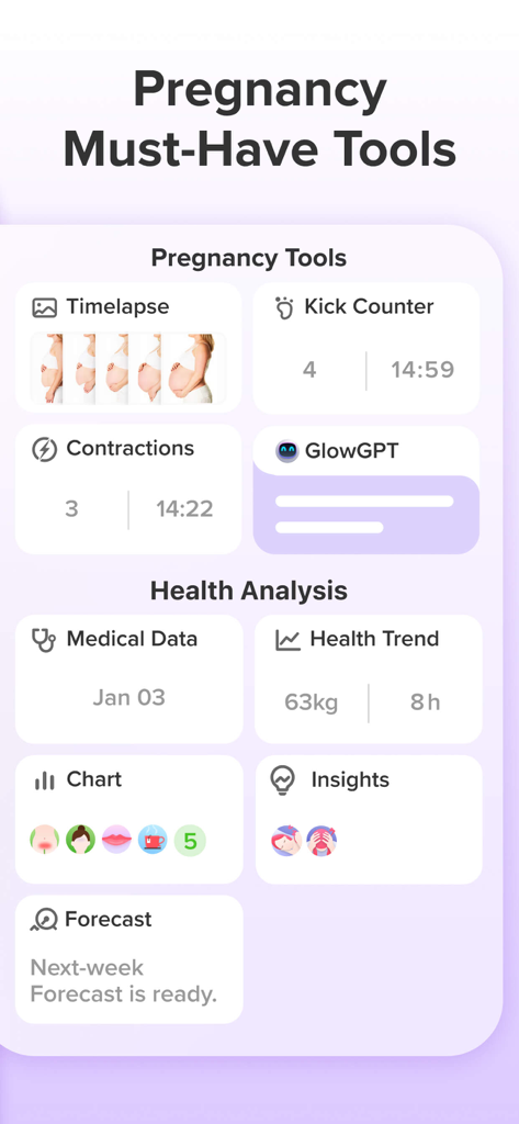 Interface of Nurture pregnancy app displaying tools for kick counting, contraction timing, and health analysis insights.