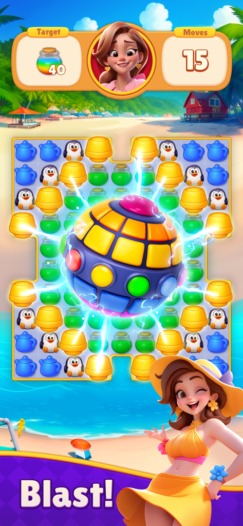 Dream Mania - Match 3 Games - Jogabilidade de quebra-cabeça Match 3 em Dream Mania mostrando um booster colorido e um tema de praia