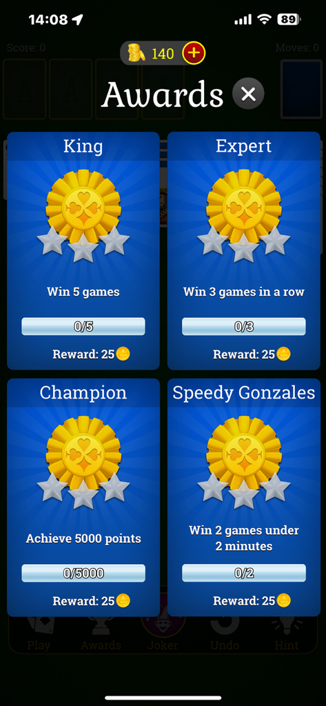 Solitaire game awards menu showing milestones like King and Expert with coin rewards