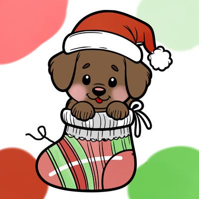 cute puppy wearing santa hat in socking