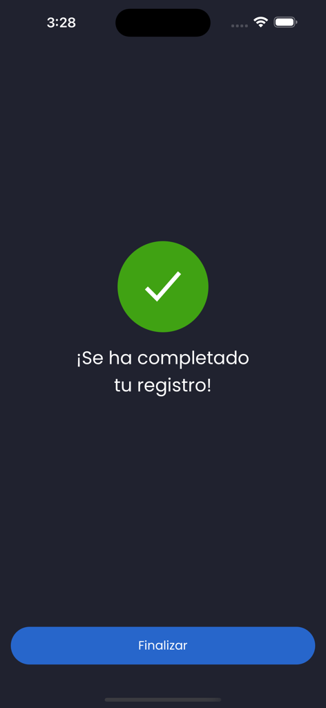 mitec app - Tela de sucesso do aplicativo mitec mostrando um checkmark verde e uma mensagem confirmando que o registro foi concluído