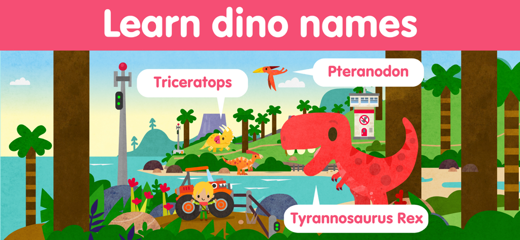 Dinosaur Puzzle Kid Dino Game - Una colorida pantalla educativa del Juego de Puzzles de Dinosaurios para Niños que muestra dinosaurios con etiquetas para Triceratops, Pteranodon y Tyrannosaurus Rex.