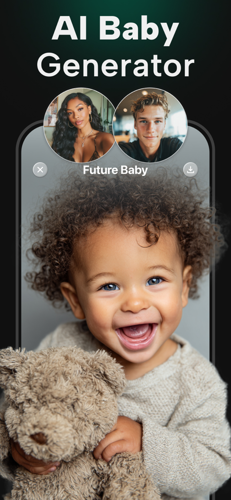 PhotoApp - AI Photo Enhancer - Interface of the AI Baby Generator feature showing two parents and a predicted future baby