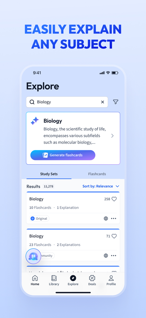 Vaia app Explore screen showing biology study sets and AI flashcard generation