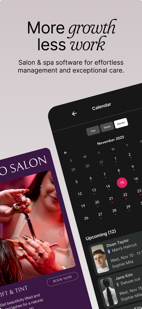 GlossGenius: Booking, Payments - 월간 예약 캘린더와 살롱 서비스 상세 정보가 표시된 GlossGenius 앱