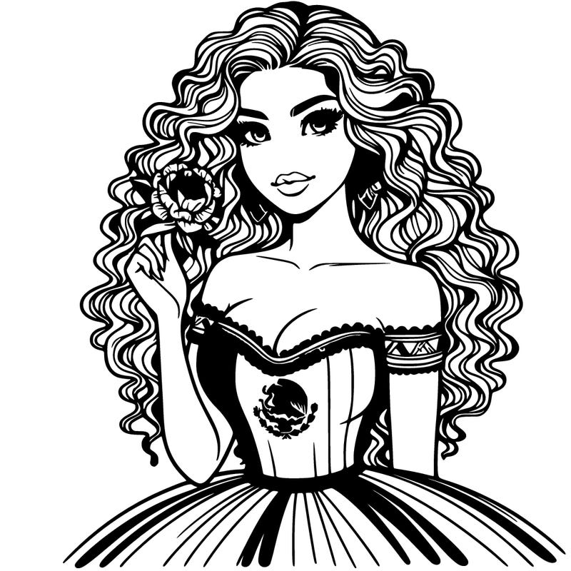 beautiful mexican wearing a dress with mexican flag on it curley hair curevey waist snatched holding a flower eyes open