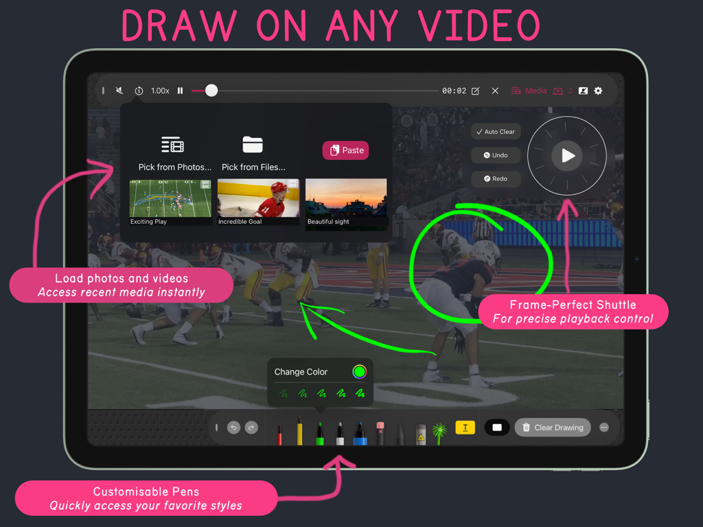 Video Pencil - Interface do aplicativo Video Pencil em um iPad mostrando como desenhar em um vídeo esportivo com canetas personalizáveis e controle de reprodução preciso.