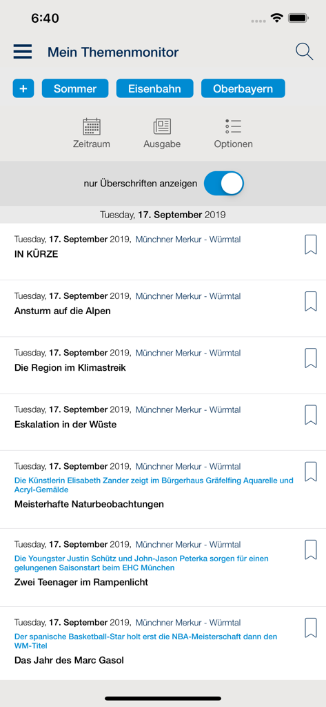 Münchner Merkur ePaper - Schermata del monitor di argomenti dell'app Munchner Merkur ePaper che visualizza un elenco di titoli di notizie e filtri