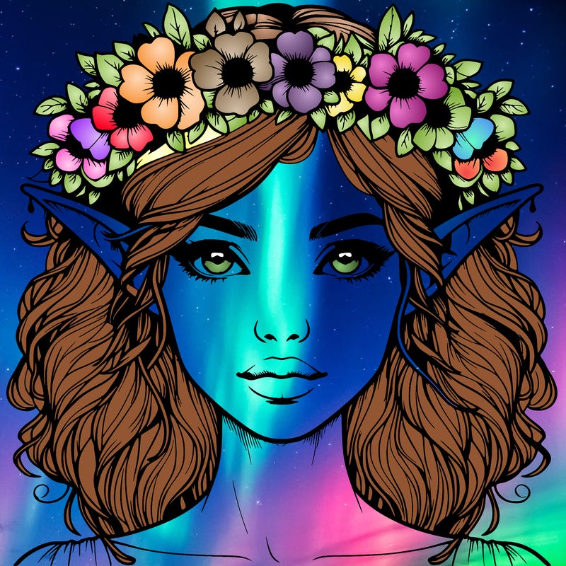 realistic female elf with flower crown