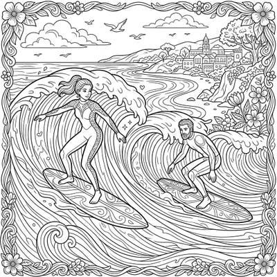 Dive into the refreshing spirit of spring with this exciting coloring page featuring longboard surfers skillfully riding ocean waves. Capture the thrill of the surf and the beauty of a blooming coastal landscape.