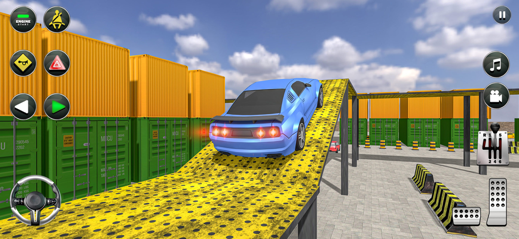 Car Parking Lot: Parking Games - A blue sports car driving up a yellow ramp in a shipping container parking simulation.
