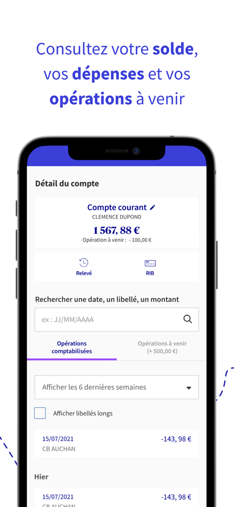 AXA Banque - Écran de l'application AXA Banque montrant le solde du compte courant et l'historique des transactions