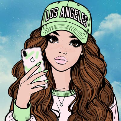 realistic beautiful girl wearing los ángeles cap holding an iphone