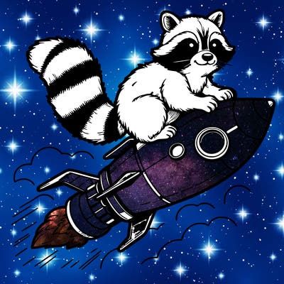 realistic raccoon flying on top rocket ship
